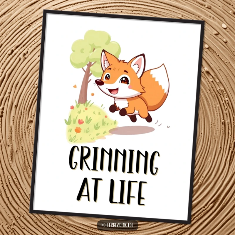 Funny grinning fox poster: A playful fox speeds down a path with an infectious grin, capturing motion and a cheeky, adventurous spirit.