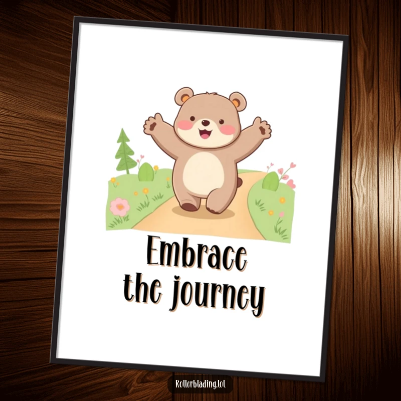 Funny happy bear poster, a heartwarming image of a bear cruising along a path with arms spread wide, celebrating freedom.