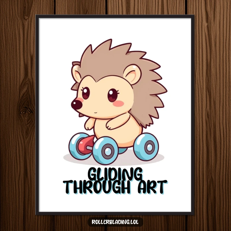 Funny poster featuring a friendly hedgehog smoothly gliding on roller skates, embodying a sense of peace and effortless motion.