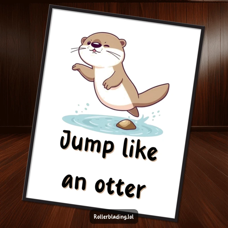 Funny poster of a giggling otter comically attempting a daring jump, landing with a wobble, adding playful energy to decor.