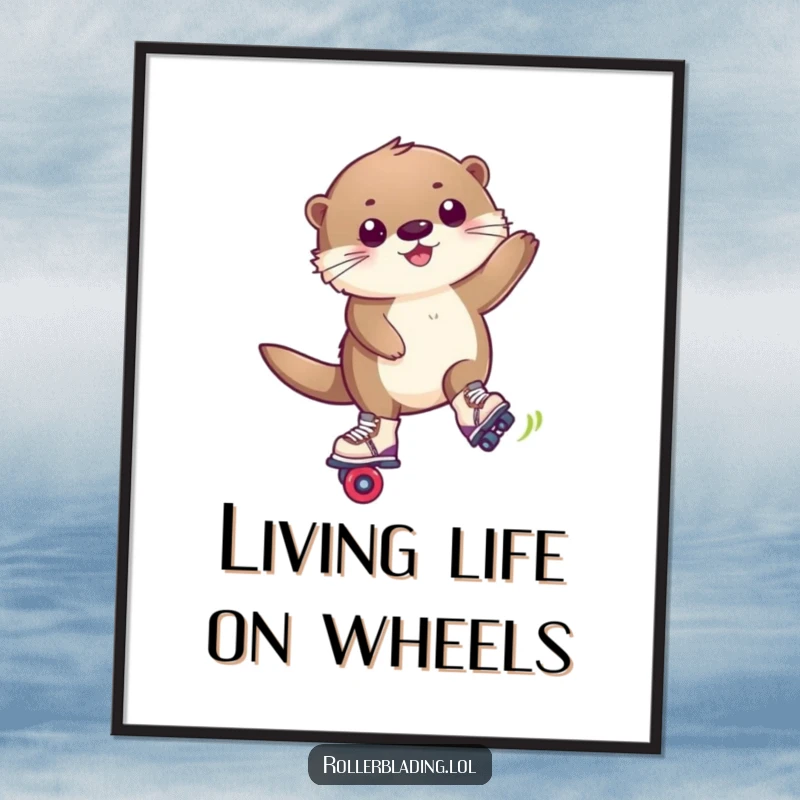 Funny poster of a happy, fluffy otter executing a trick maneuver on roller blades, adding artistic flair.