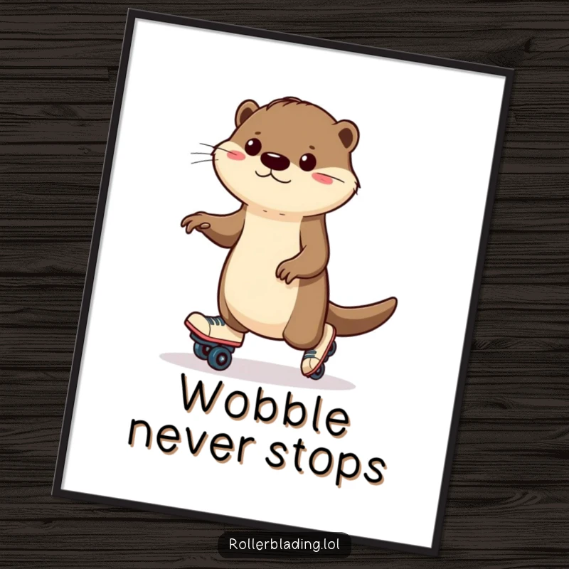 Funny otter poster capturing a determined otter wobbling on roller skates, a humorous depiction of effort and perseverance.