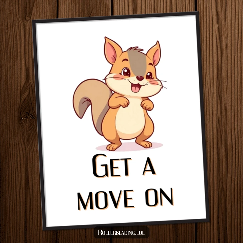 Funny mischievous squirrel pushing off with both feet on roller skates, dynamic wall art for an active space.