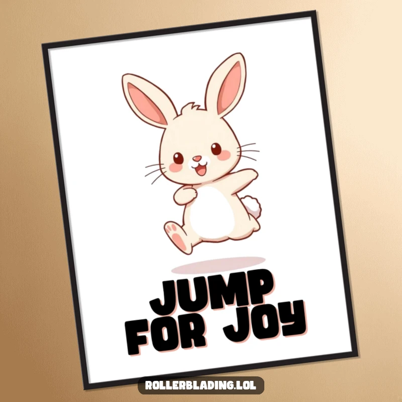Funny poster of a playful rabbit comically bouncing with pumping legs, adding zest and humor to any decor.