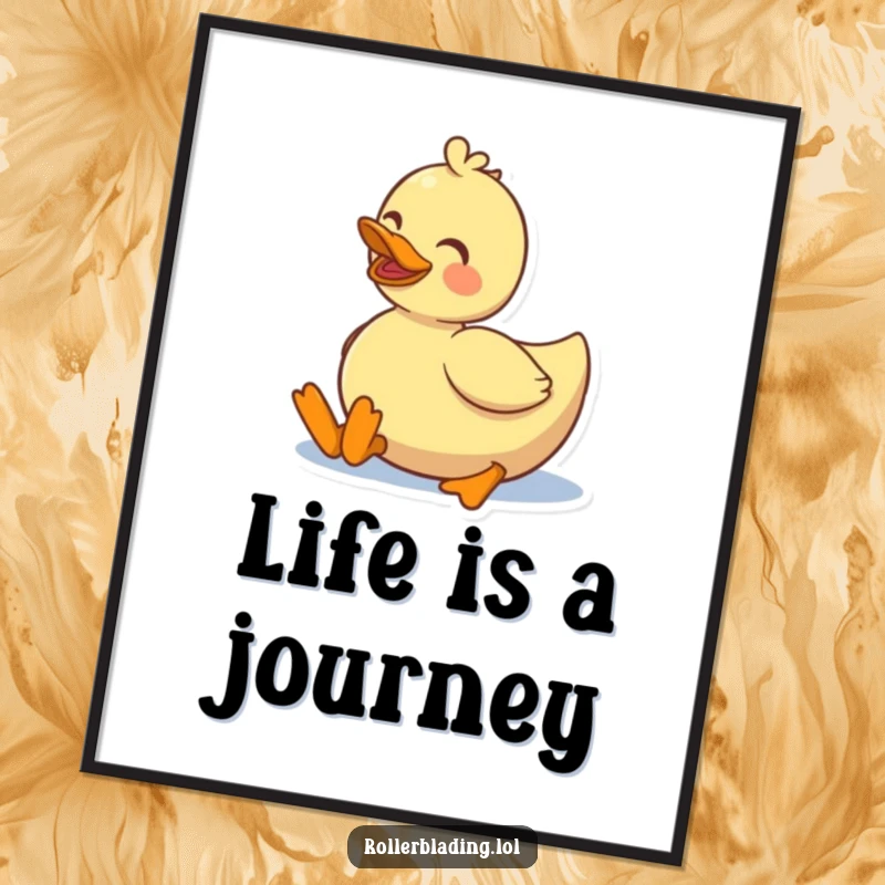 Funny smiling duck rolling on roller skates, vibrant wall art that radiates happiness and fun.