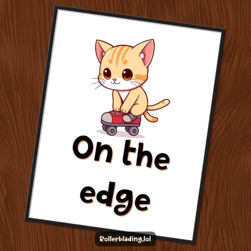 Funny poster art of a curious cat leaning forward, focused on balancing on roller skates with a determined look.