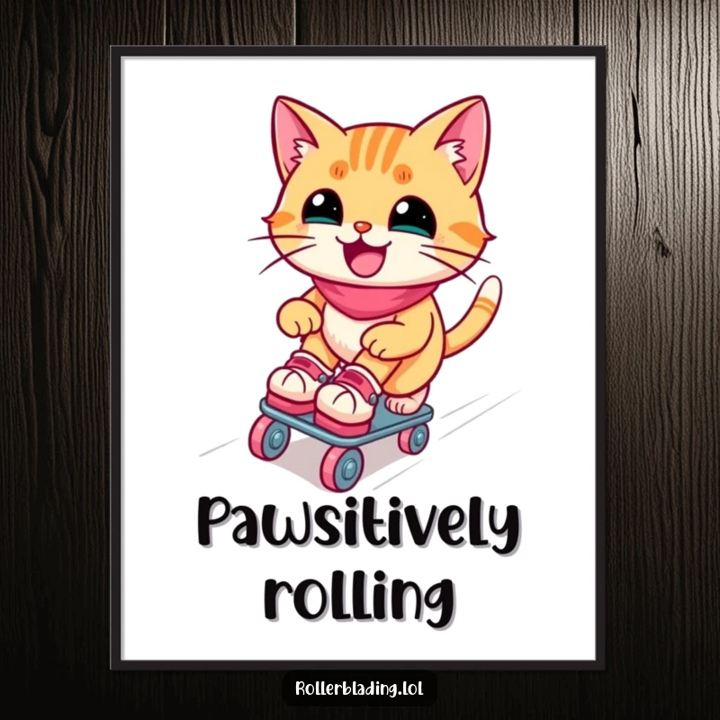 Funny roller skating cat poster: A joyful cat gracefully descends a ramp on roller skates, capturing a moment of pure, unadulterated fun.