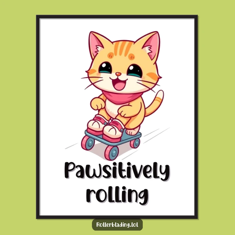 Funny Roller Skating Cat Poster: Joyful Kitty's Ramp Adventure, Wall Art Gift