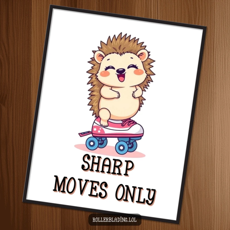Funny hedgehog giggling, balancing on one roller skate, whimsical wall art for a cheerful home.