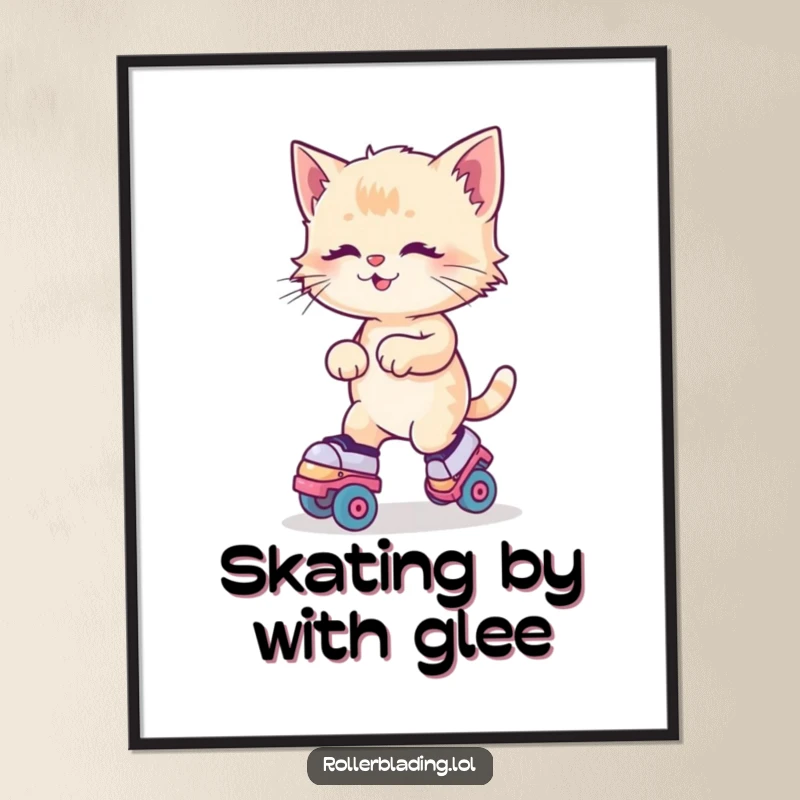 Funny Kitten Roller Skates Poster showing a kitten joyfully wobbling on roller skates, capturing adorable feline movement.