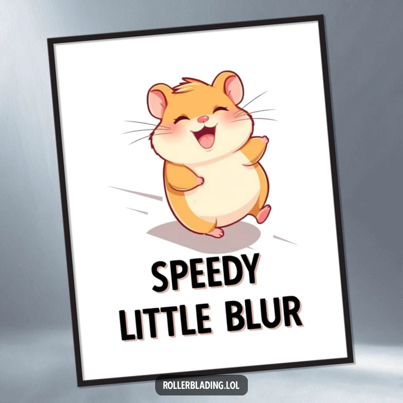 Funny giggling hamster poster, depicting a hamster speeding downhill with wind in its fur, radiating joy.