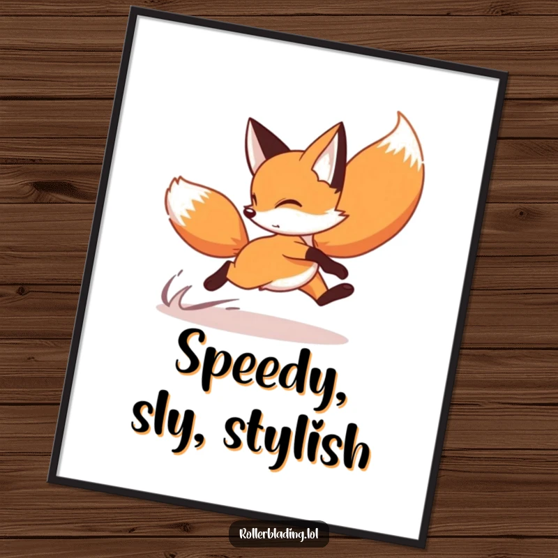 Funny fox poster capturing a playful fox mid-crossover turn on roller skates, showcasing speed and agility.