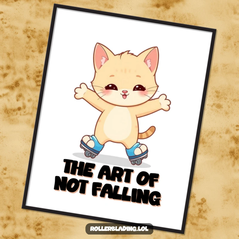 Funny Kitten Poster: A happy kitten wobbles on roller skates, arms outstretched for balance, creating a charming and humorous artwork.
