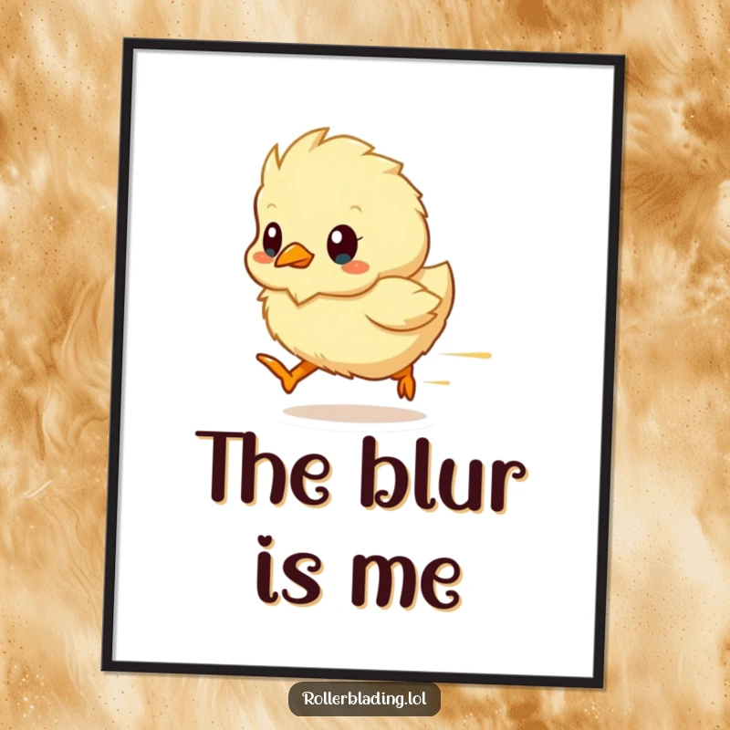 Funny chick poster showcasing a fluffy chick as a streak of motion, conveying speed and adorableness, wall decor.