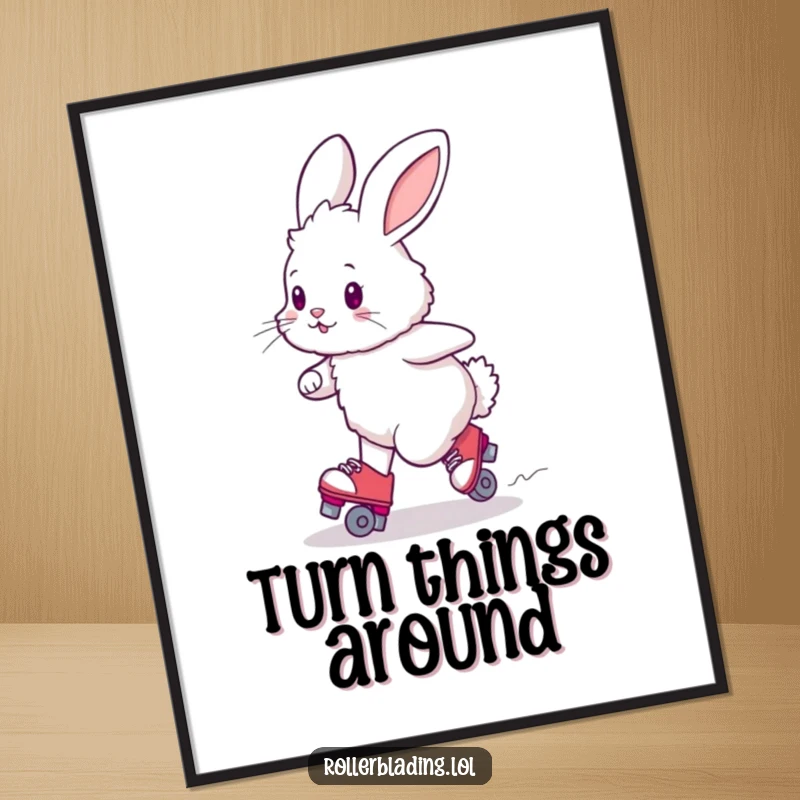 Funny fluffy bunny wobbling on roller skates, cute and humorous wall art for any room.