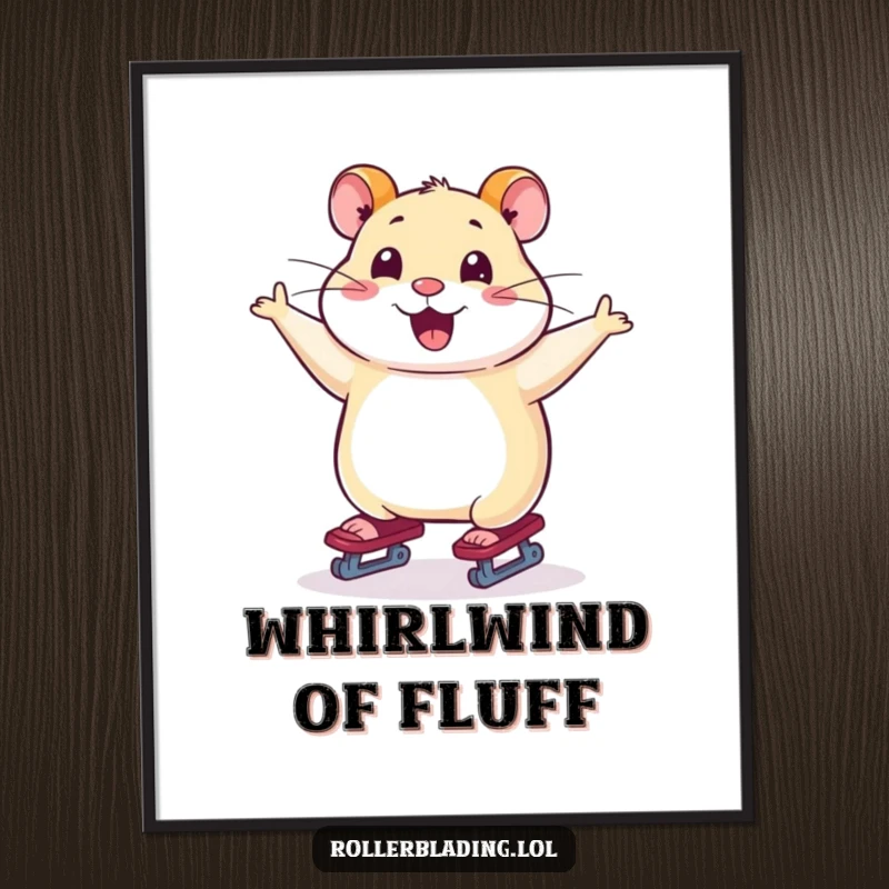 Funny poster art of a smiling hamster gliding on skates, arms outstretched in a display of pure skating bliss.