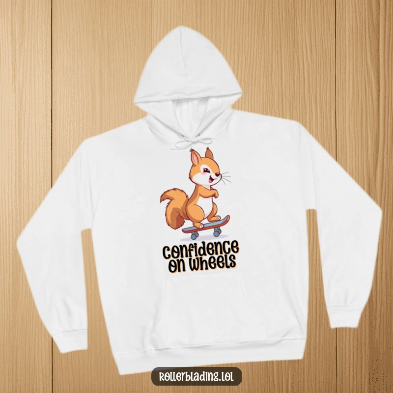 Funny hoodie showing a proud squirrel confidently skating backwards, exuding style and effortless cool, perfect for cozy, chic days.