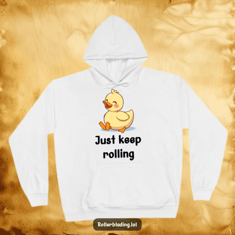 Funny smiling duck rolling on roller skates, cozy hoodie for embracing warmth and humor.