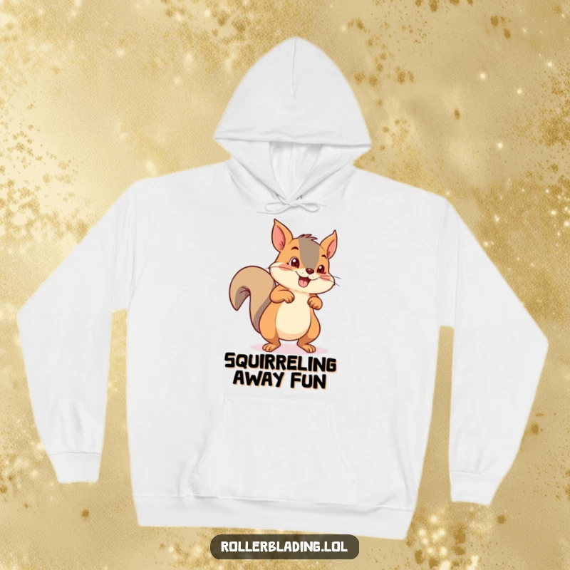 Funny mischievous squirrel pushing off with both feet on roller skates, a soft hoodie for cozy adventures.