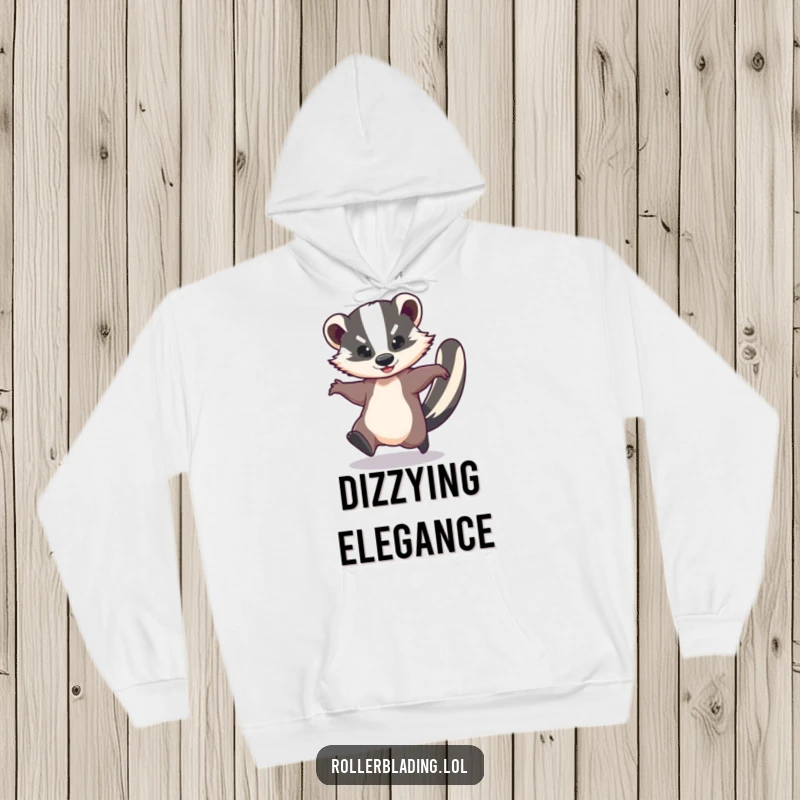Funny hoodie depicting a graceful badger performing a speedy spin, offering cozy warmth and a cheerful dose of playful, dynamic energy.