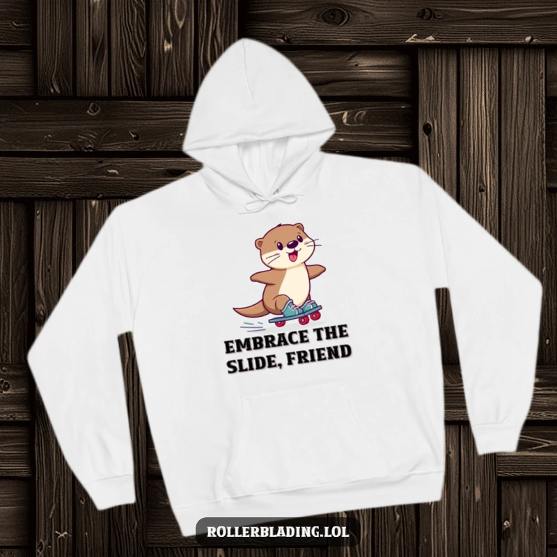 Funny Otter Hoodie: A playful otter performing a wobbly slide on roller skates, radiating comical charm and aquatic fun.