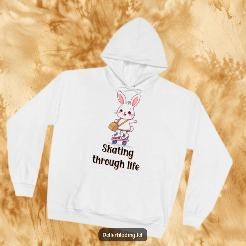 Funny hoodie with a smiling, determined bunny balancing on roller skates while carrying a bag.