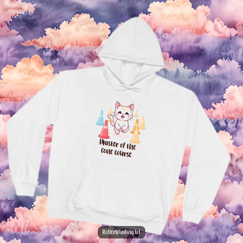 Funny smiling cat in motion, skillfully navigating agility cones with pure joy, ideal funny gift for cat fans.