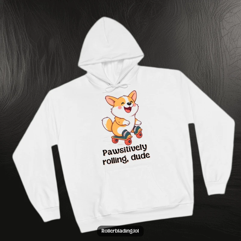 Funny Corgi Hoodie: A joyful corgi in roller skates, mid-zoom, radiating happiness and energetic fun in this cozy, humorous apparel.