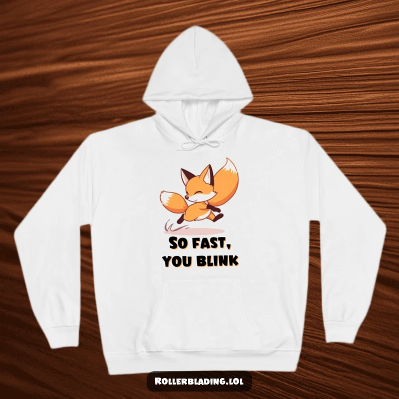 Funny fox hoodie illustrating a playful fox doing a speedy crossover turn on roller skates, perfect for active comfort.