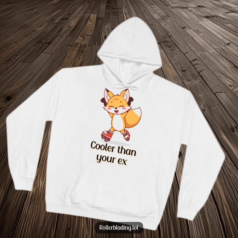 Funny hoodie featuring a joyful fox spinning ecstatically on roller skates, arms raised in a celebratory pose.