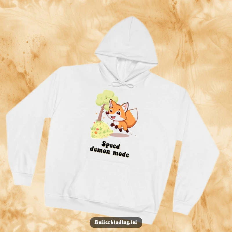 Funny grinning fox hoodie: A playful fox speeds down a path with a huge grin, offering warmth and a humorous, adventurous vibe.