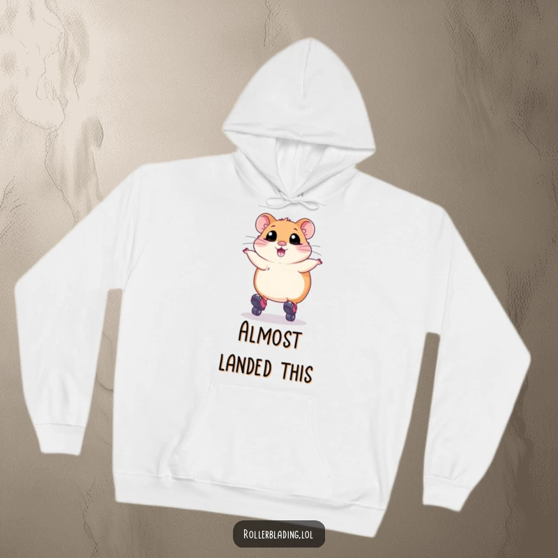 Funny Hoodie: A plump hamster with wide, excited eyes attempting a small jump on roller skates, radiating endearing clumsiness.