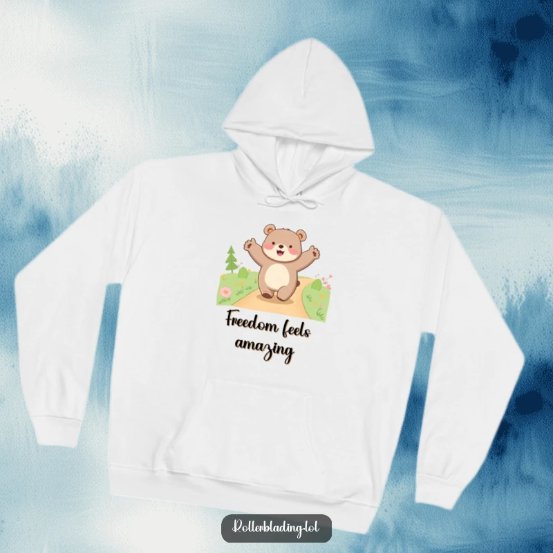 Funny happy bear hoodie, illustration of a bear cruising along a path with arms wide open, perfect for cozy adventures.