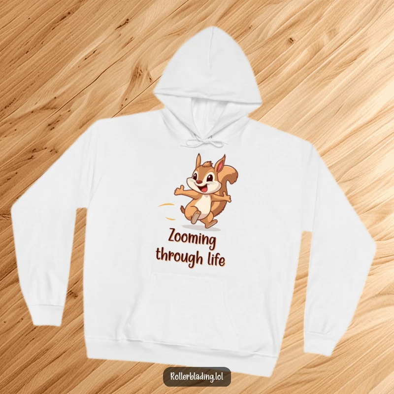 Funny hoodie featuring a squirrel speeding along with pumped arms and a big grin, offering warm, humorous motivation.