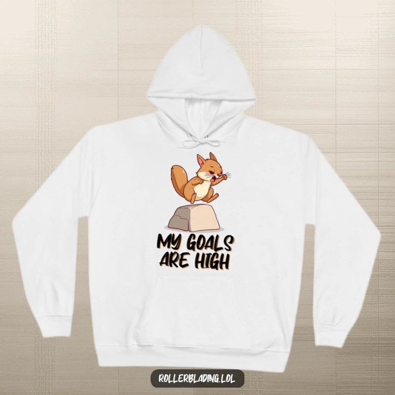 Funny hoodie with a determined squirrel jumping over a ramp, offering warmth and a humorous reminder of perseverance and goal achievement.