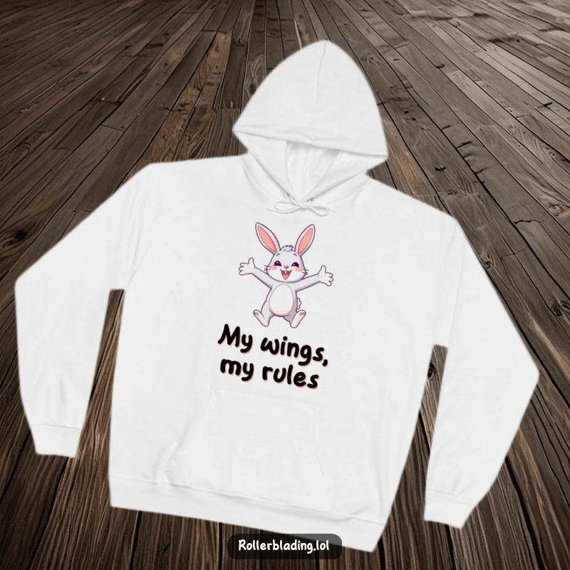 Funny Bunny Paraglider Hoodie depicting a smiling bunny paragliding with confidence and open arms, perfect for comfort.