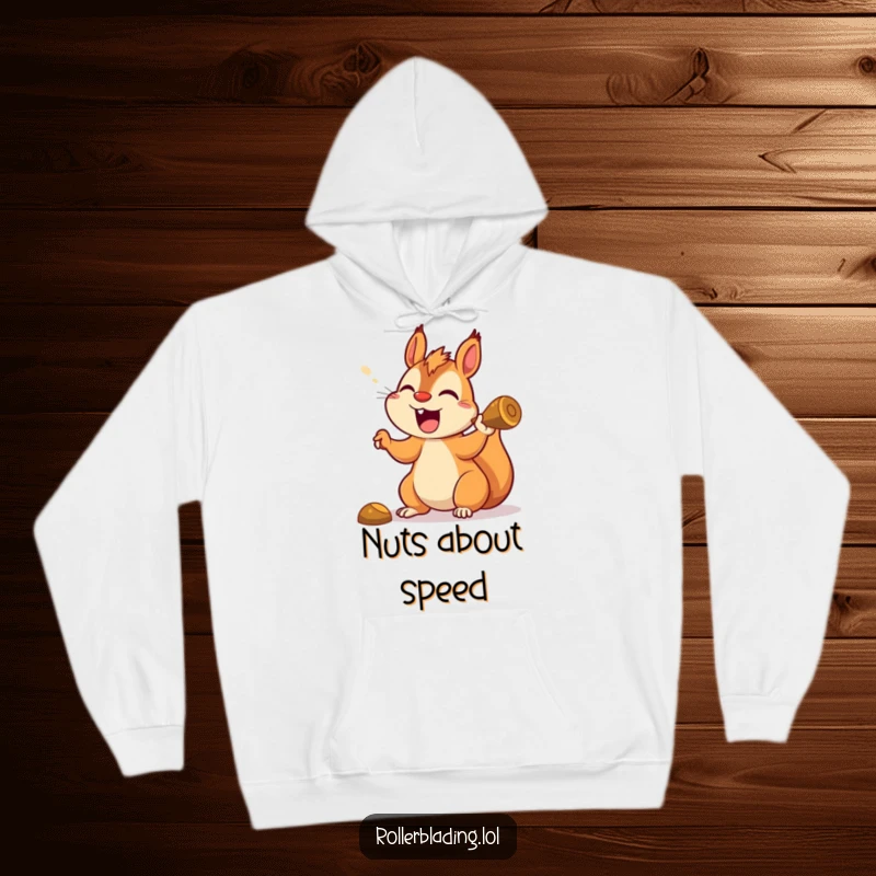 Funny squirrel hoodie depicting a happy squirrel yelling while making a sharp turn, ideal for cozy humor lovers.