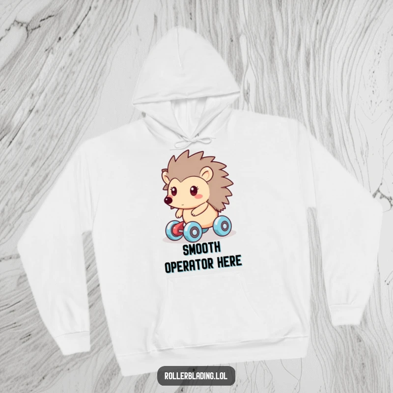Funny hoodie showing a friendly hedgehog smoothly gliding on roller skates, exuding an aura of relaxation and effortless cool.