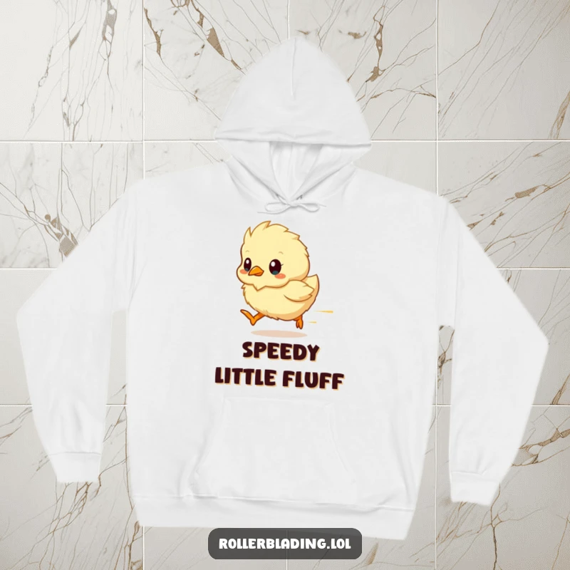 Funny chick hoodie showing a fluffy chick as a blur, indicating speed and cuteness, perfect for chilly days.