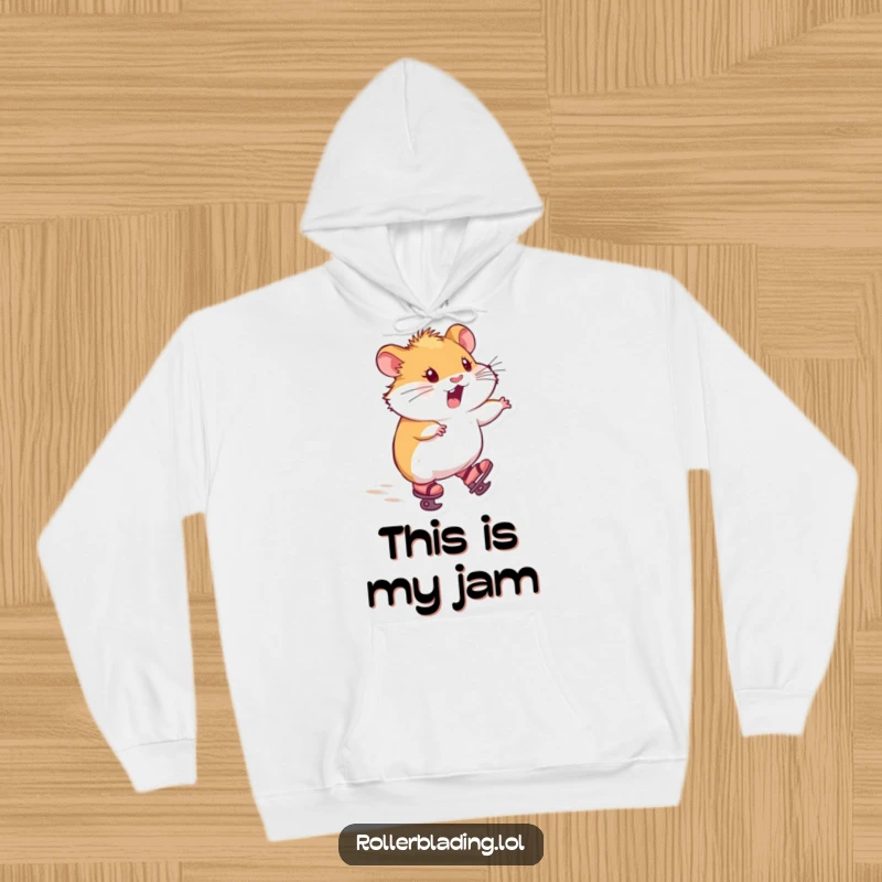 Funny hoodie with a hamster on tiny skates, zooming forward with delight, offering warm and hilarious comfort.
