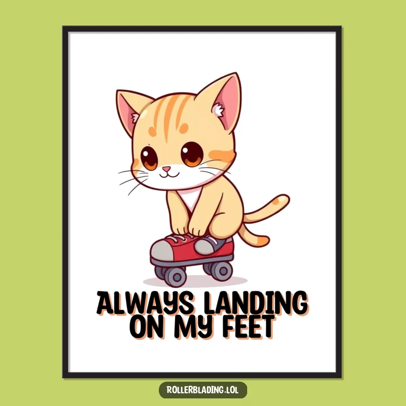 Free Printable Wall Art: Curious Cat Balancing on Roller Skates Downloadable