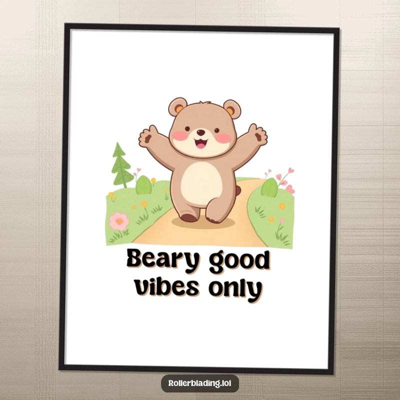 Funny Free Printable Wall Art: A bear happily cruises with arms out wide, embracing life's journey humorously.