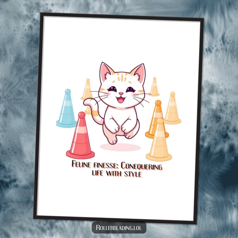Funny Free Printable Wall Art: An ecstatic cat joyfully zips between agility cones, showcasing amazing speed and skill. Whimsical downloadable art.