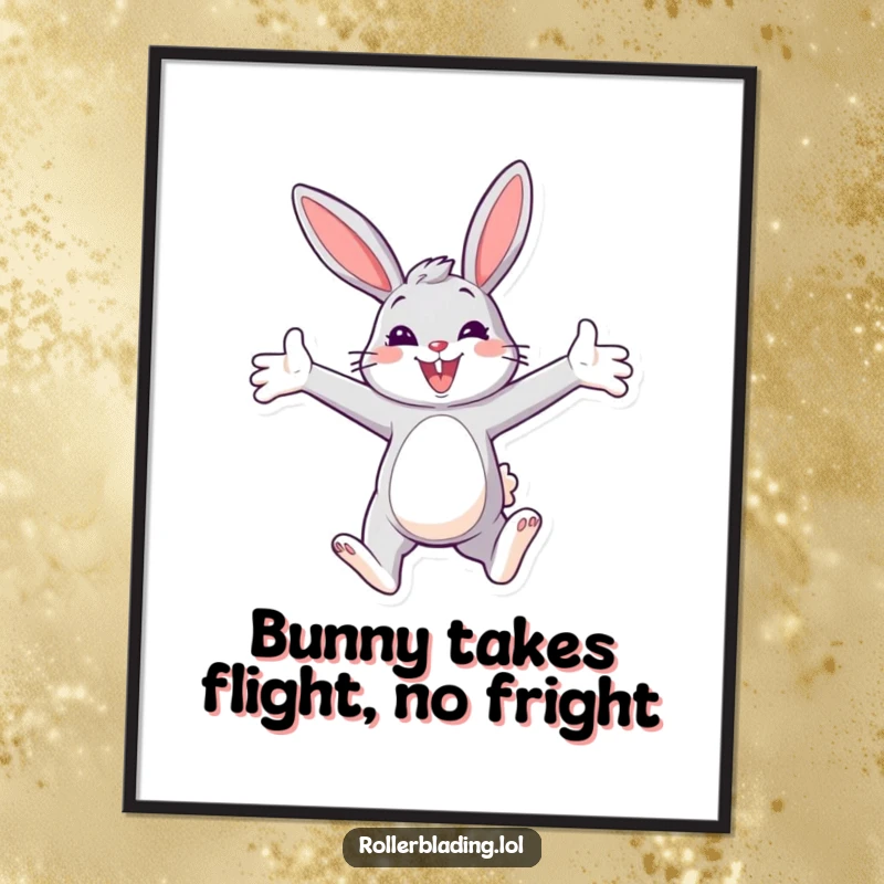 Funny Free Printable Wall Art: A smiling bunny gliding with arms wide open, radiating pure joy and happiness.