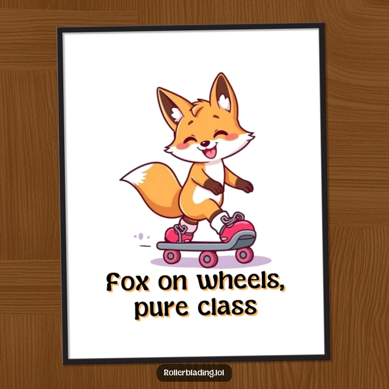 Funny Free Printable Wall Art: Smiling fox performing a dramatic slide on roller skates, one leg extended, capturing a moment of cool, effortless style.