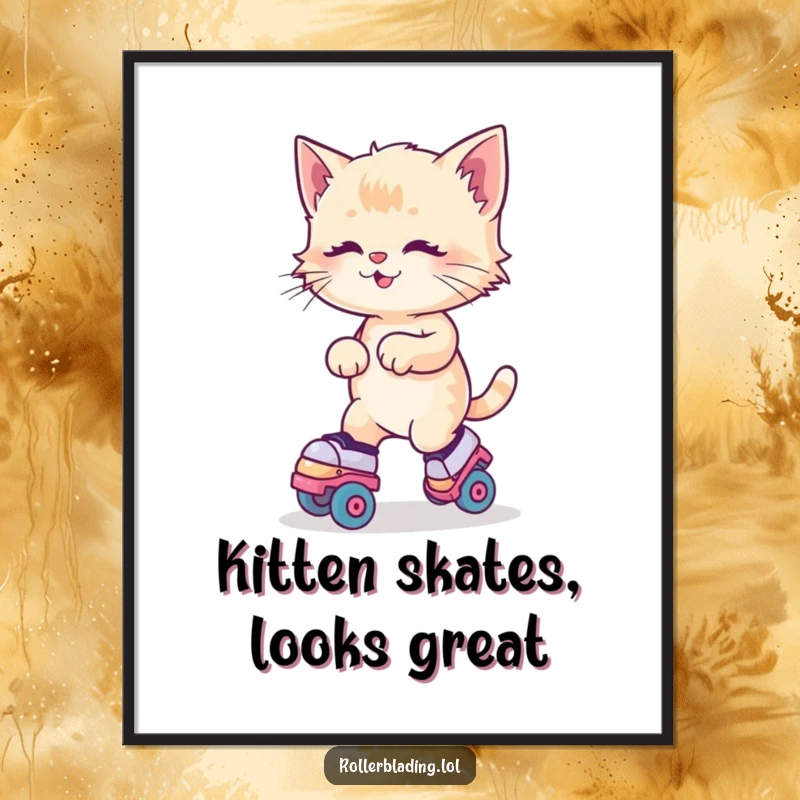 Funny Free Printable Wall Art: A kitten joyfully wobbling on roller skates, adding a playful, energetic vibe.