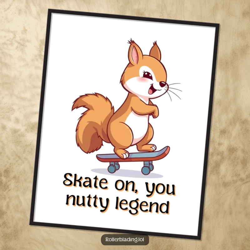 Funny Free Printable Wall Art: A proud squirrel confidently skating backwards with a cool demeanor, ready for display.