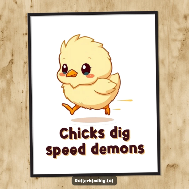 Funny Free Printable Wall Art of a fluffy chick that’s a blur of motion, zipping past energetically.