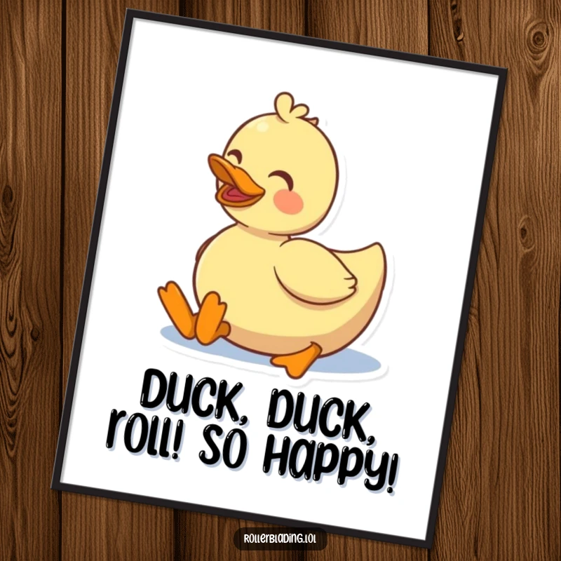 Funny free printable wall art featuring a delighted duck rolling smoothly on roller skates with an infectious happy smile.