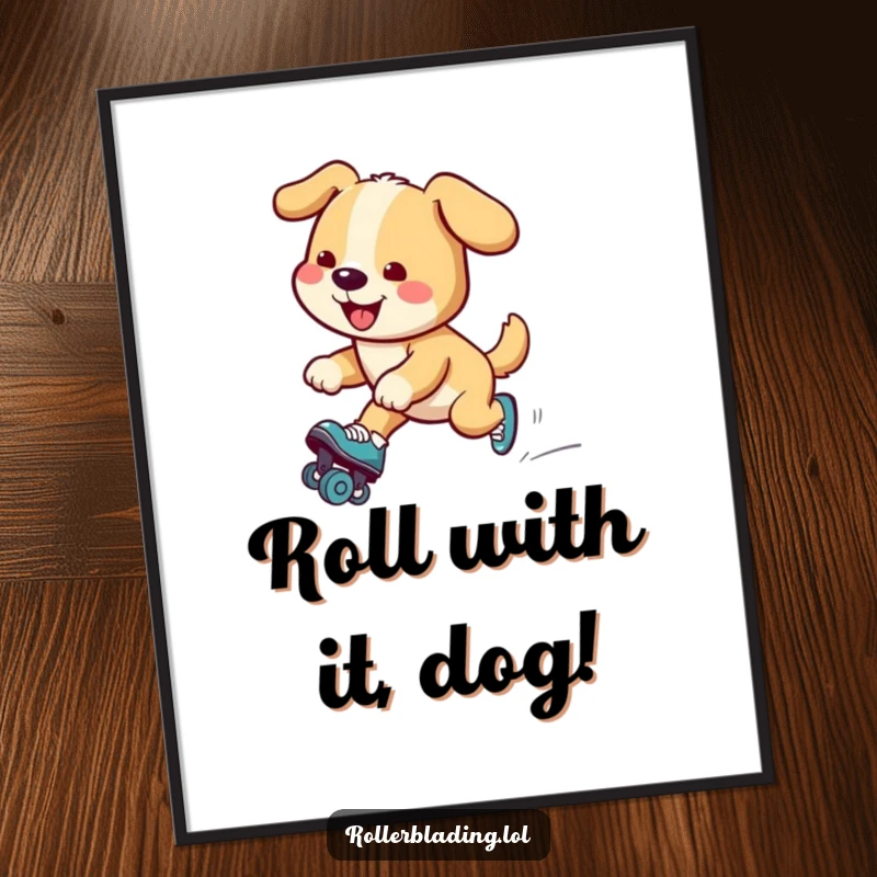 Funny Free Printable Wall Art: A smiling dog performing a graceful glide on roller skates, adding comedic flair.